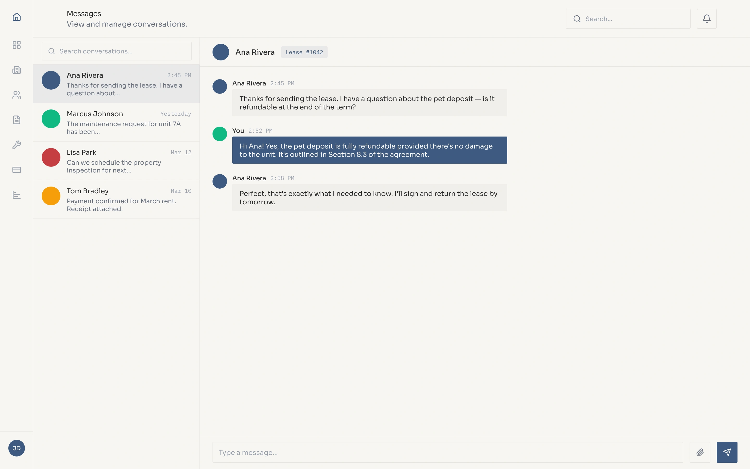 Messages — conversation thread with lease context badge and replies in LeasingTool